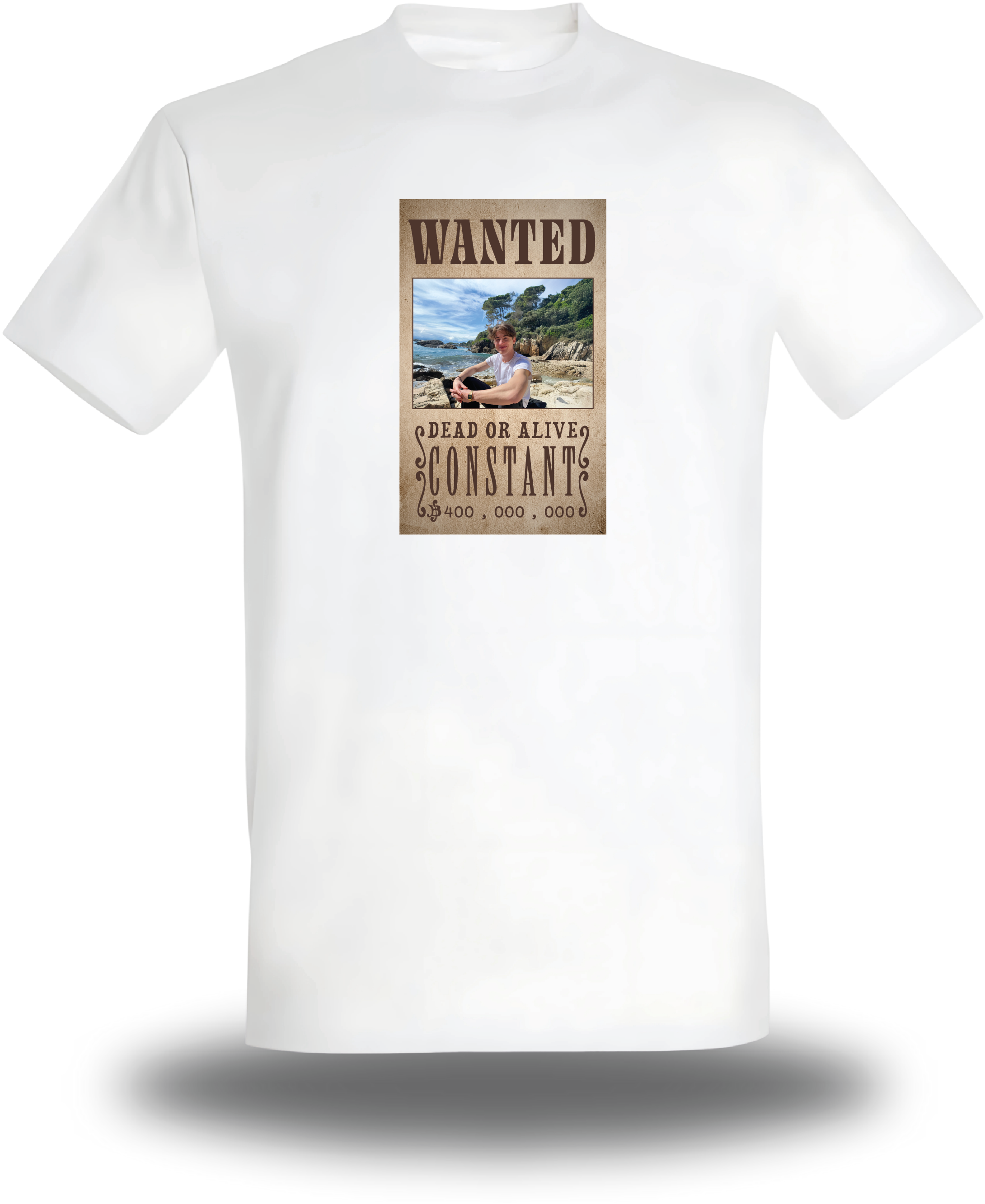 Camiseta blanca con el cartel "Se busca", diseño de anime y cine